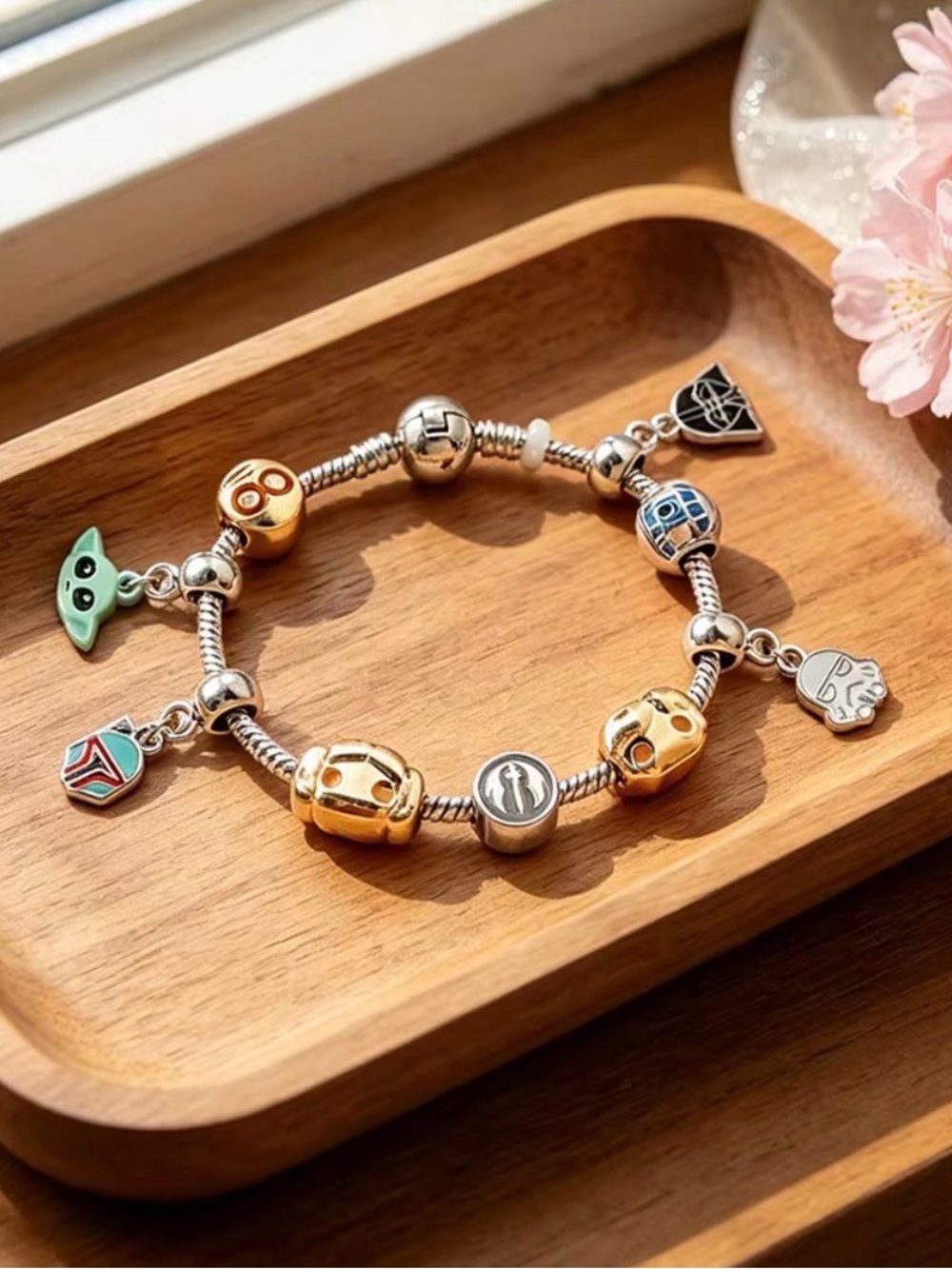 Star Wars Disney Mandalorian Grogu R2D2 Darth Vader Silver Charm Bracelet NEW!